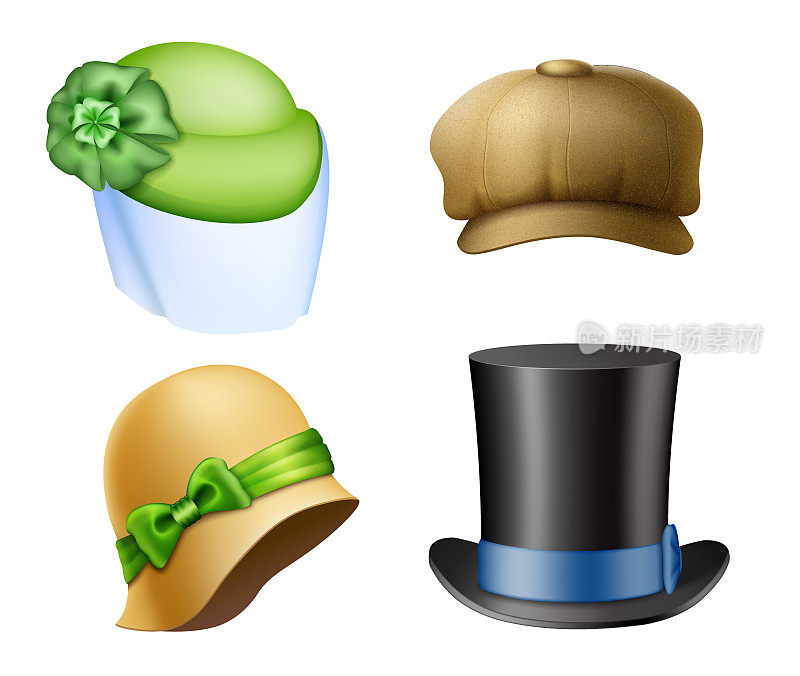复古帽子女人和男人的帽子从不同的时代，Pillbox Hat, Cap Hat, Top Hat，八件套帽子，Cloche帽子。